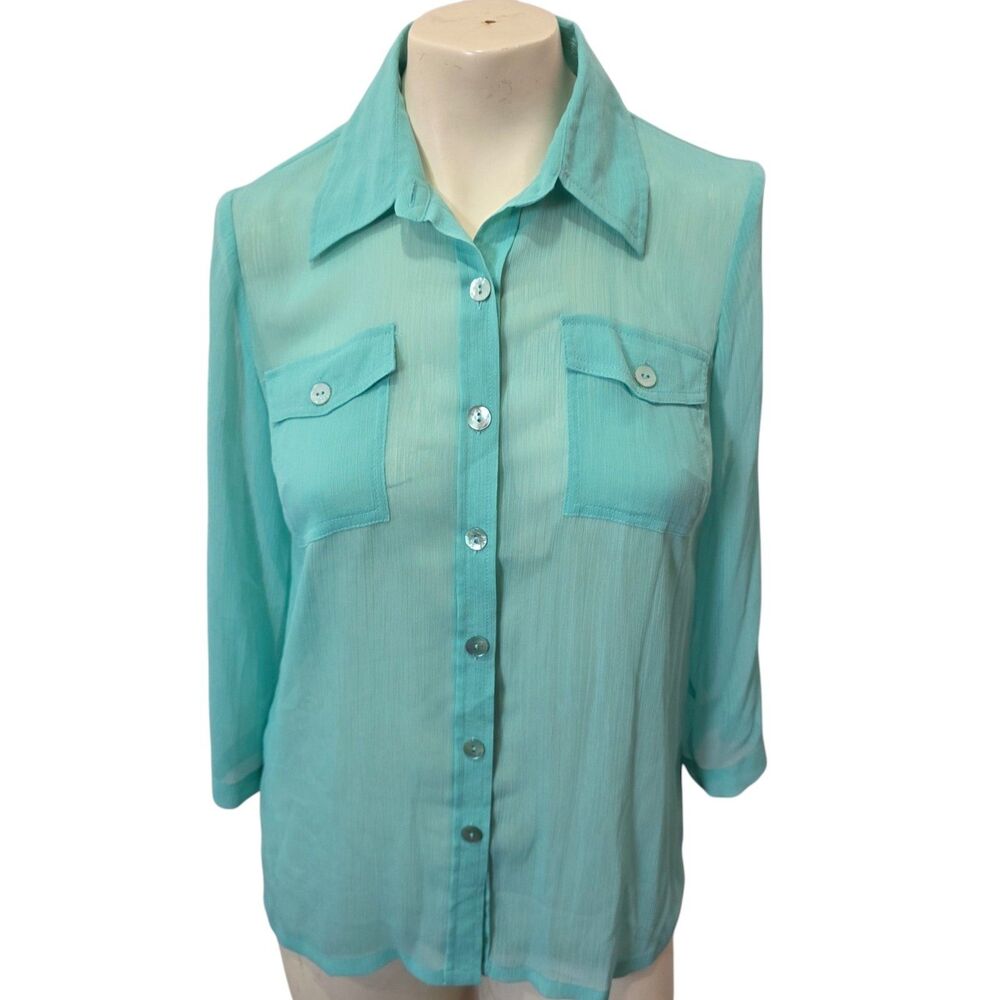 Linea Louis Dell'Olio Aqua Sheer Blouse XXS Button‎ Front Career Top
